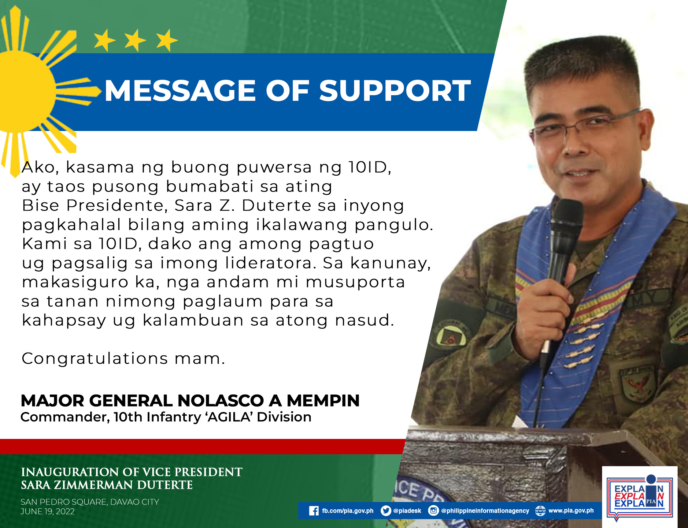 Message of 10th Infantry ‘AGILA Division Commander, Major General Nolasco A Mempin on the Inauguration of Vice President elect Sara Duterte