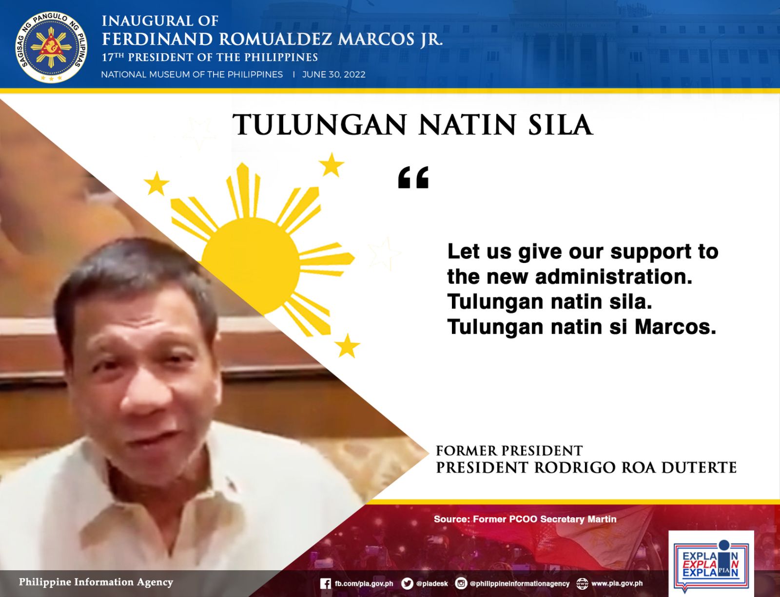 Former President Rodrigo Duterte urges Filipinos to support the new administration