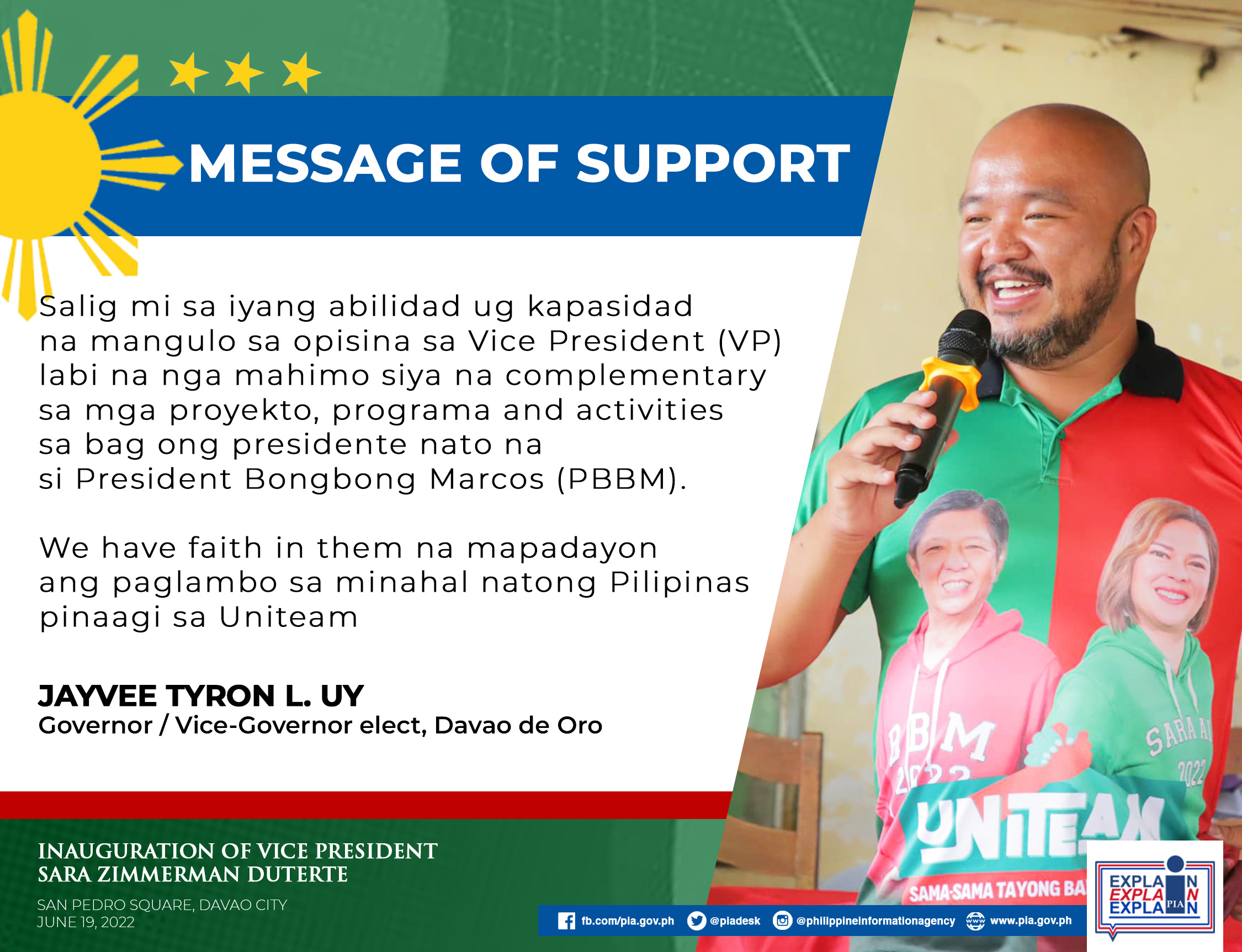 Message of Davao de Oro Governor / Vice-Governor elect Jayvee Tyron L Uy on the Inauguration of Vice President elect Sara Duterte