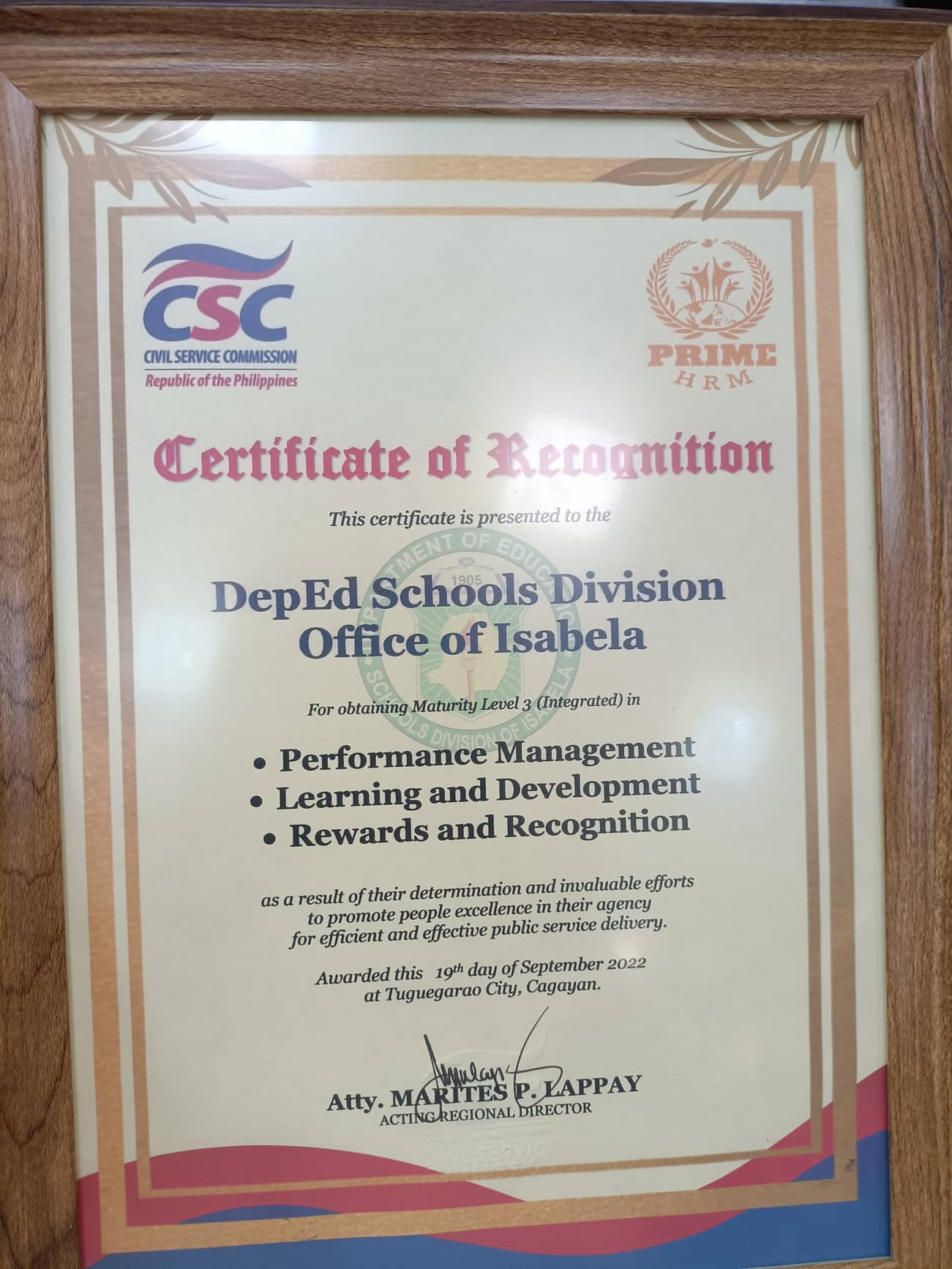 PIA - SDO Isabela Recognized By CSC As PRIME - HRM Compliant