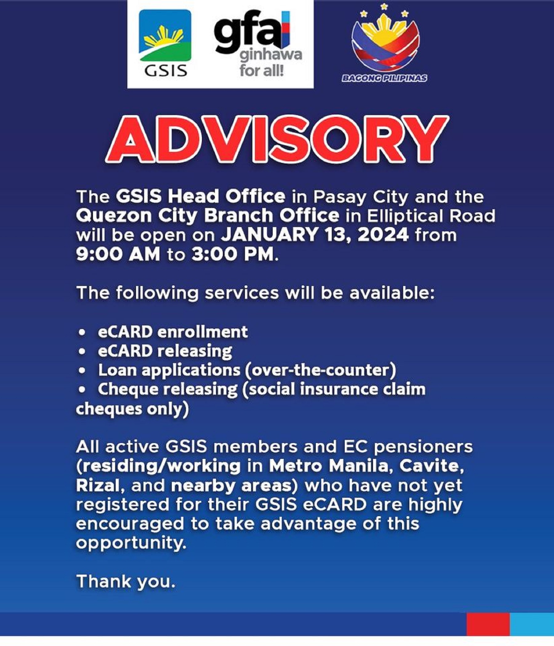 GSIS Pasay office, QC branch open on Jan. 13 - Philippine Information ...