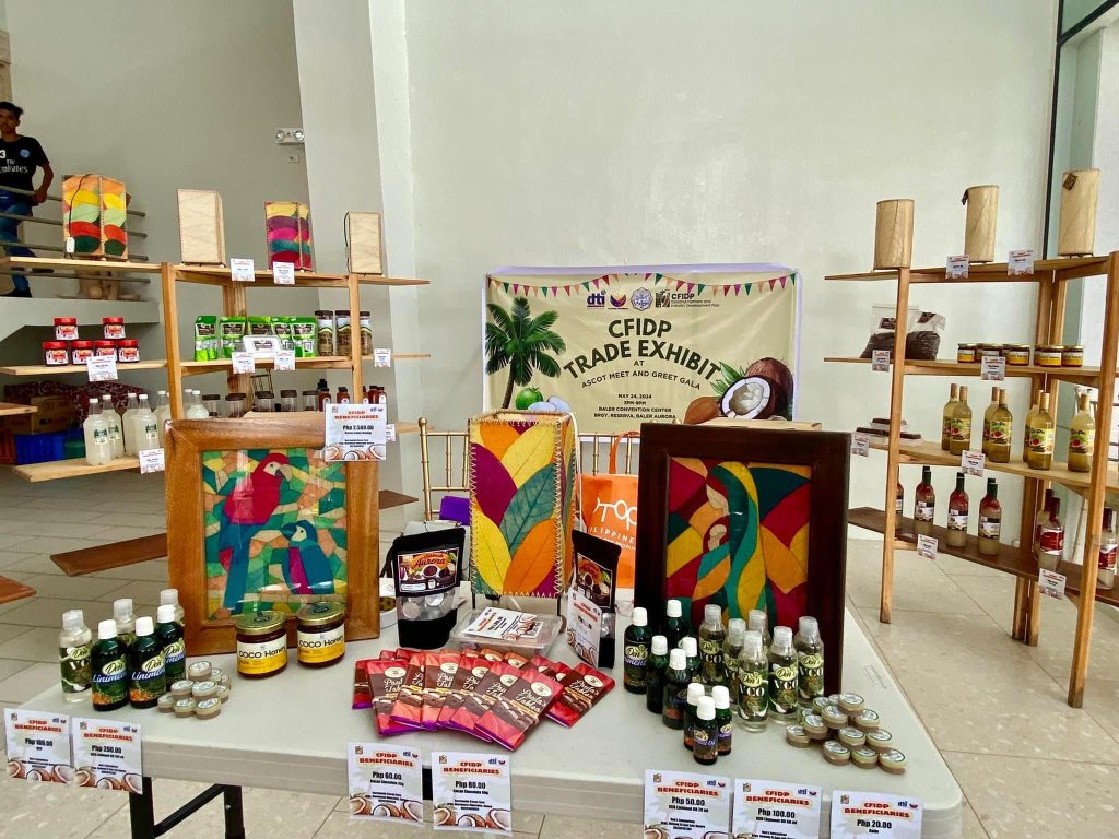 A total of 14 micro, small and medium enterprises and 20 Coconut Farmers and Industry Development Plan beneficiaries participate in a three-day trade fair of the Department of Trade and Industry featuring various processed coconut products from Aurora. (DTI Aurora)