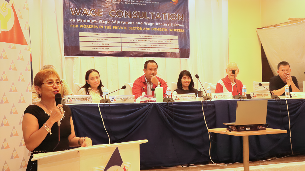 Regional Tripartite Wages and Productivity Board-10 Chairperson and Department of Labor and Employment-10 Regional Director Erwin N. Aquino (seated, 2nd from left) led the wage consultation together on November 14 at Bethany Gardens Hotel, Ozamiz City. (Photo courtesy of DOLE-10 MisOcc PFO)