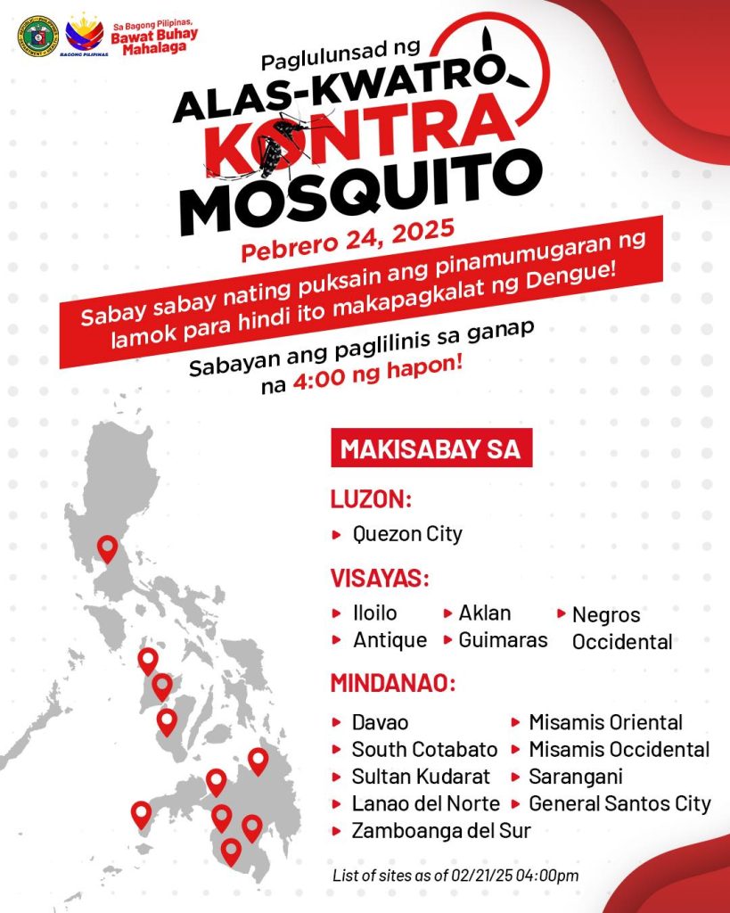 The DOH-CHDNM invites the public and various government agencies and offices in region 10 to participate in a nationwide, simultaneous campaign to identify and eliminate mosquito breeding sites in the workplace, at home, and in the community. With the theme “Alas Kwatro Kontra Mosquito,” the campaign will commence at 4 p.m., February 24, symbolizing the government’s concerted efforts to curb the spread of dengue in the region and across the country. (Photo courtesy of DOH-CHDNM)