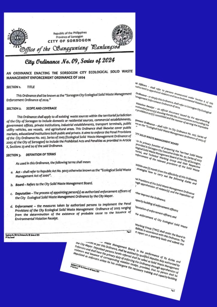 City Ordinance No. 09, series of 2024 is expected to put a fang to the existing solid waste management ordinance of Sorsogon City as it provides detailed enforcement policies that would effectively ensure compliance of stakeholders. (PIA5/Sorsogon)