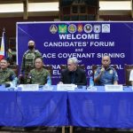 Unified front. Officials from the Army, Police, and Commission on Elections (COMELEC) sit at the presidential table during the Lanao del Sur Candidates Forum and Peace Covenant Signing held in Marawi City on April 15, 2025. The activity emphasized their joint commitment to impartiality and coordination for the 2025 elections. (Photo courtesy of Provincial Information Office)